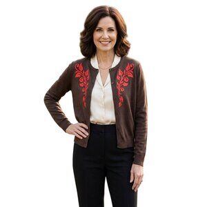 Bob Mackie NWT Wearable Art Brown Orange Embroidered Cardigan Sweater Size L